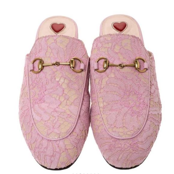 Gucci Shoes - GUCCI Princetown Horsebit Detailed Lace Slippers pink 39